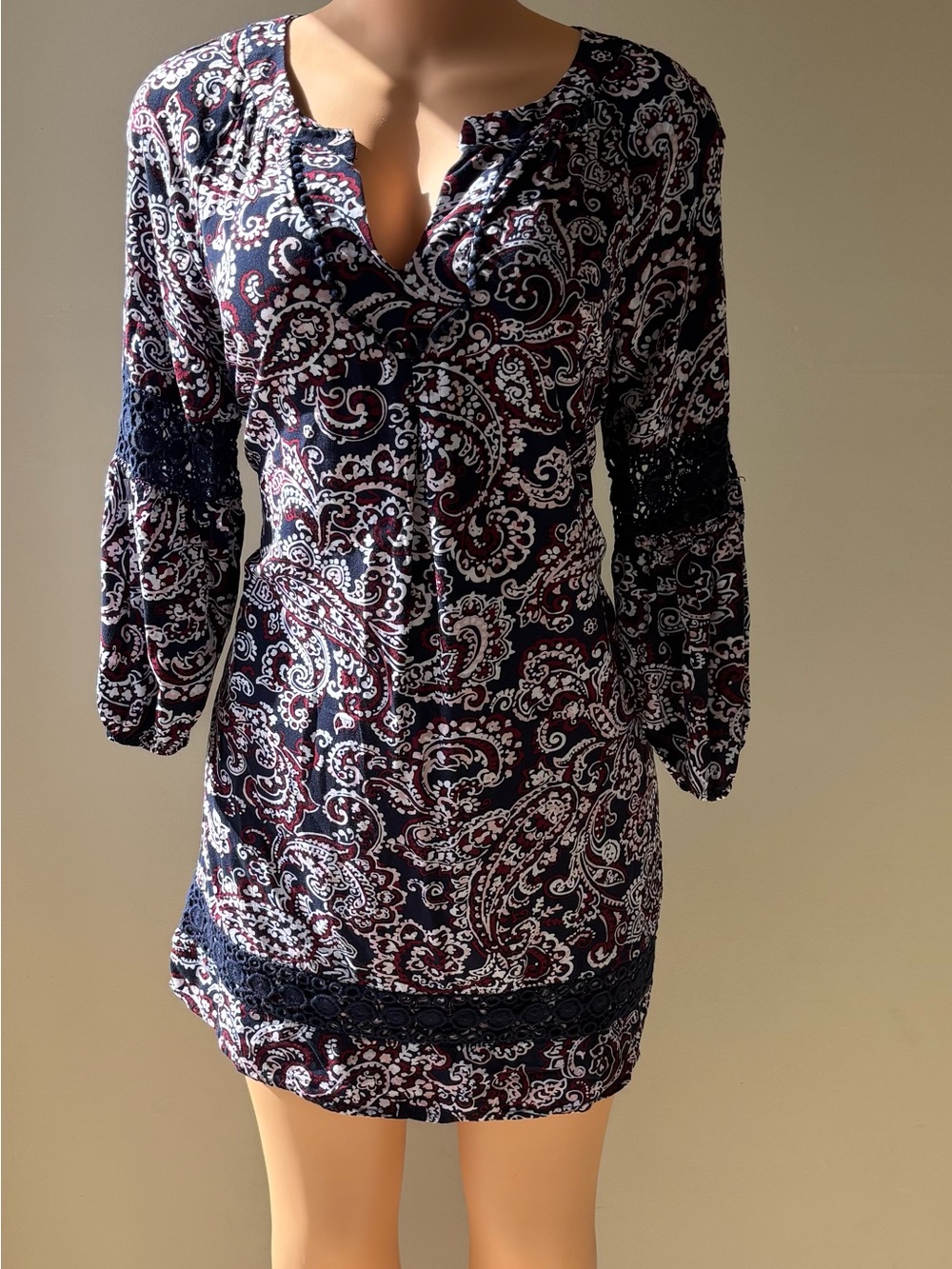 crown & ivy navy, white and blush paisley dress